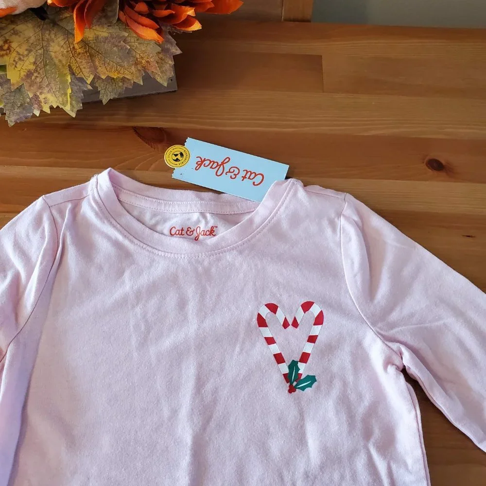 Cat & Jack-Girls' Candy Cane Heart  Long Sleeve Graphic T-Shirt - Soft Pink XS